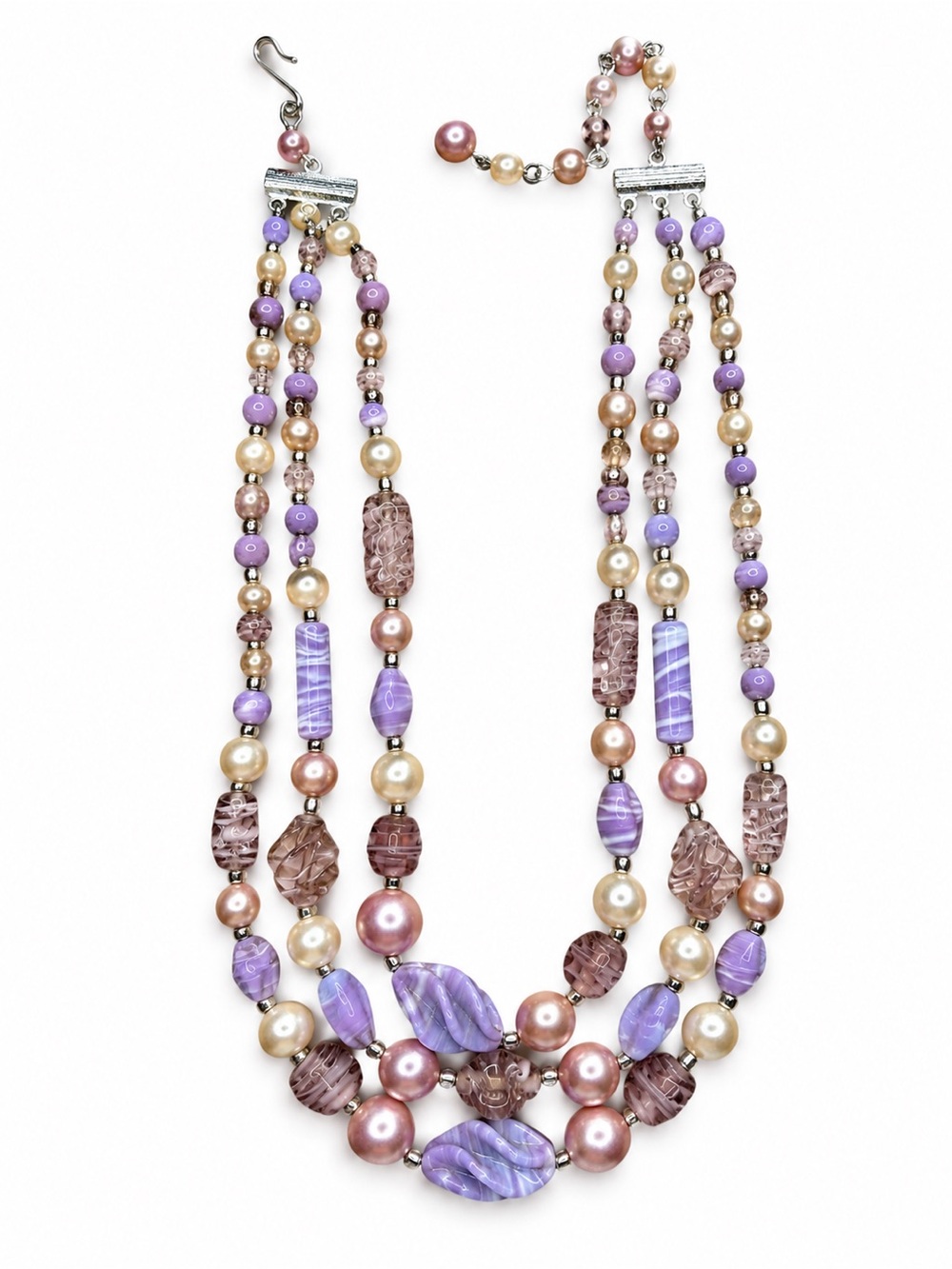 Vintage Costume Jewelry 3-Strand Beaded Statement Necklace Purple Mauve